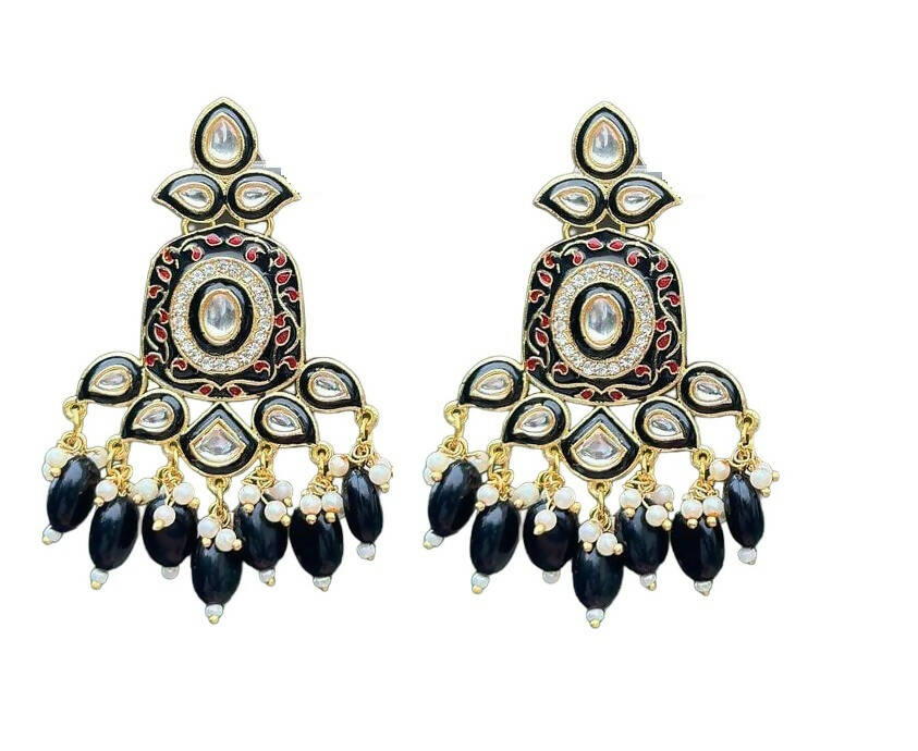 Gold-Toned Black Kundan Contemporary Drop Earrings for Women & Girls By House of Ree - House of Ree
