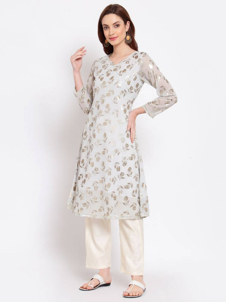 Myshka Women's Grey Printed Georgette 3/4 Sleeve Round Neck Casual Kurta | Grocsy