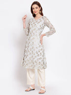 Myshka Women's Grey Printed Georgette 3/4 Sleeve Round Neck Casual Kurta | Grocsy