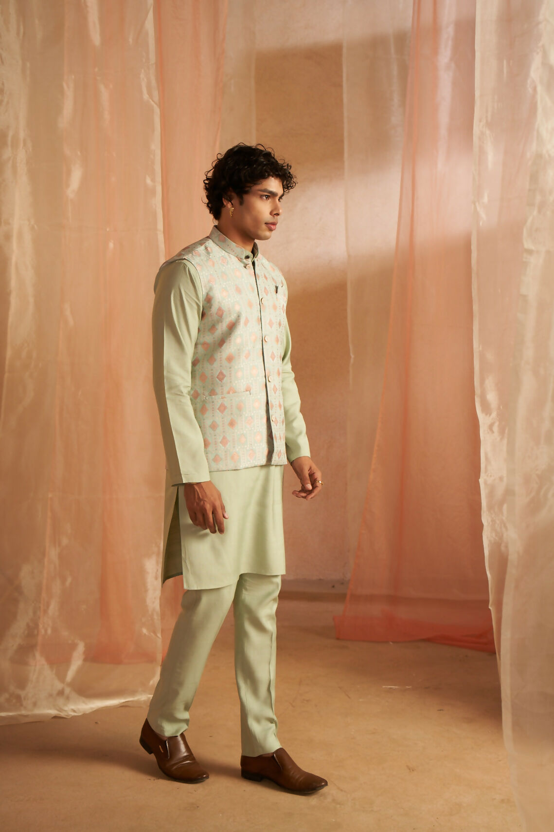 Pista Viscose Designer Printed Men's Kurta Set with Koti - Mahotsav | Grocsy