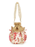 Joban Fashion Lotus Floral Embroidered Faux Silk Potli - Pink | Grocsy