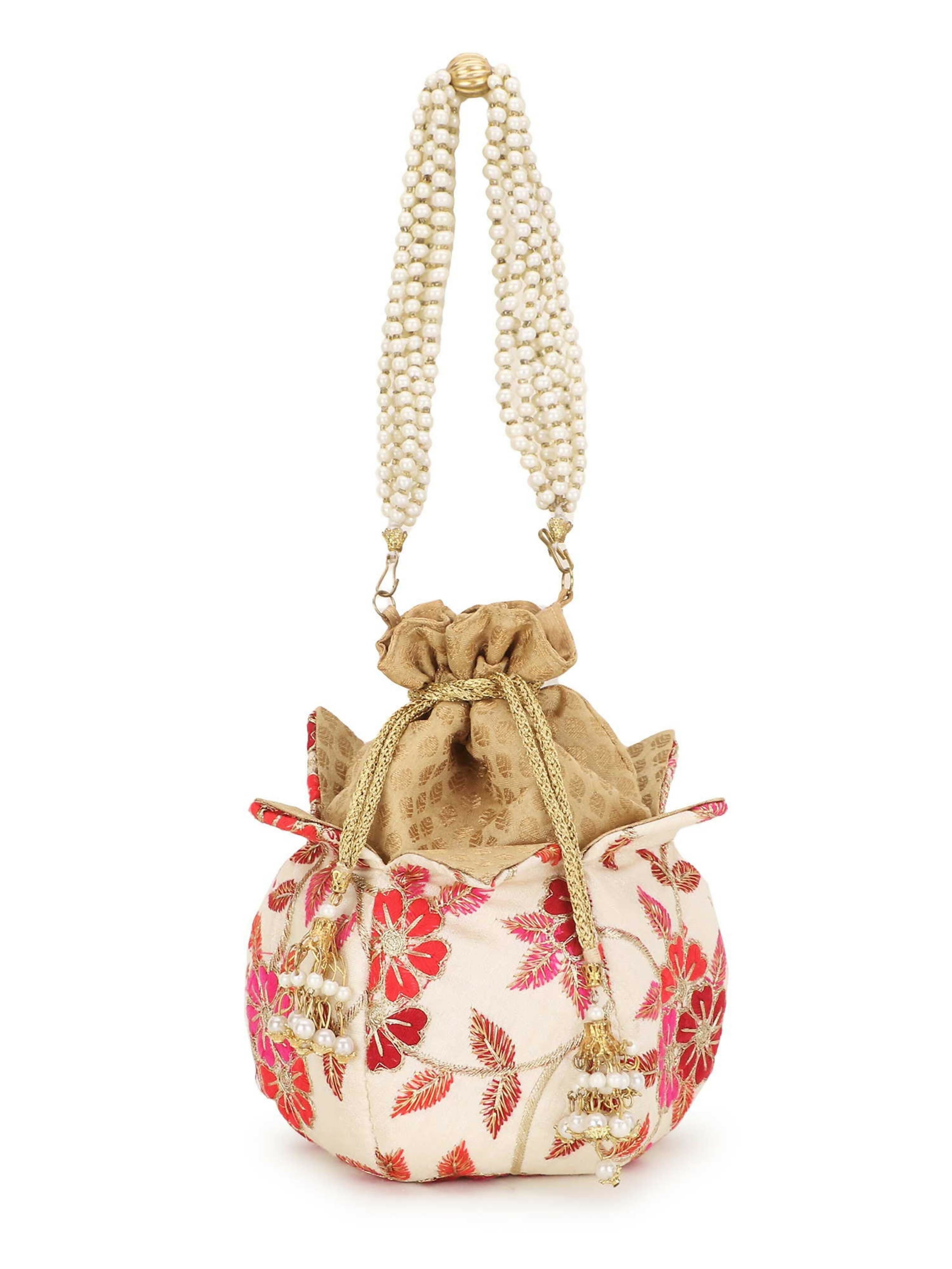 Joban Fashion Lotus Floral Embroidered Faux Silk Potli - Pink | Grocsy