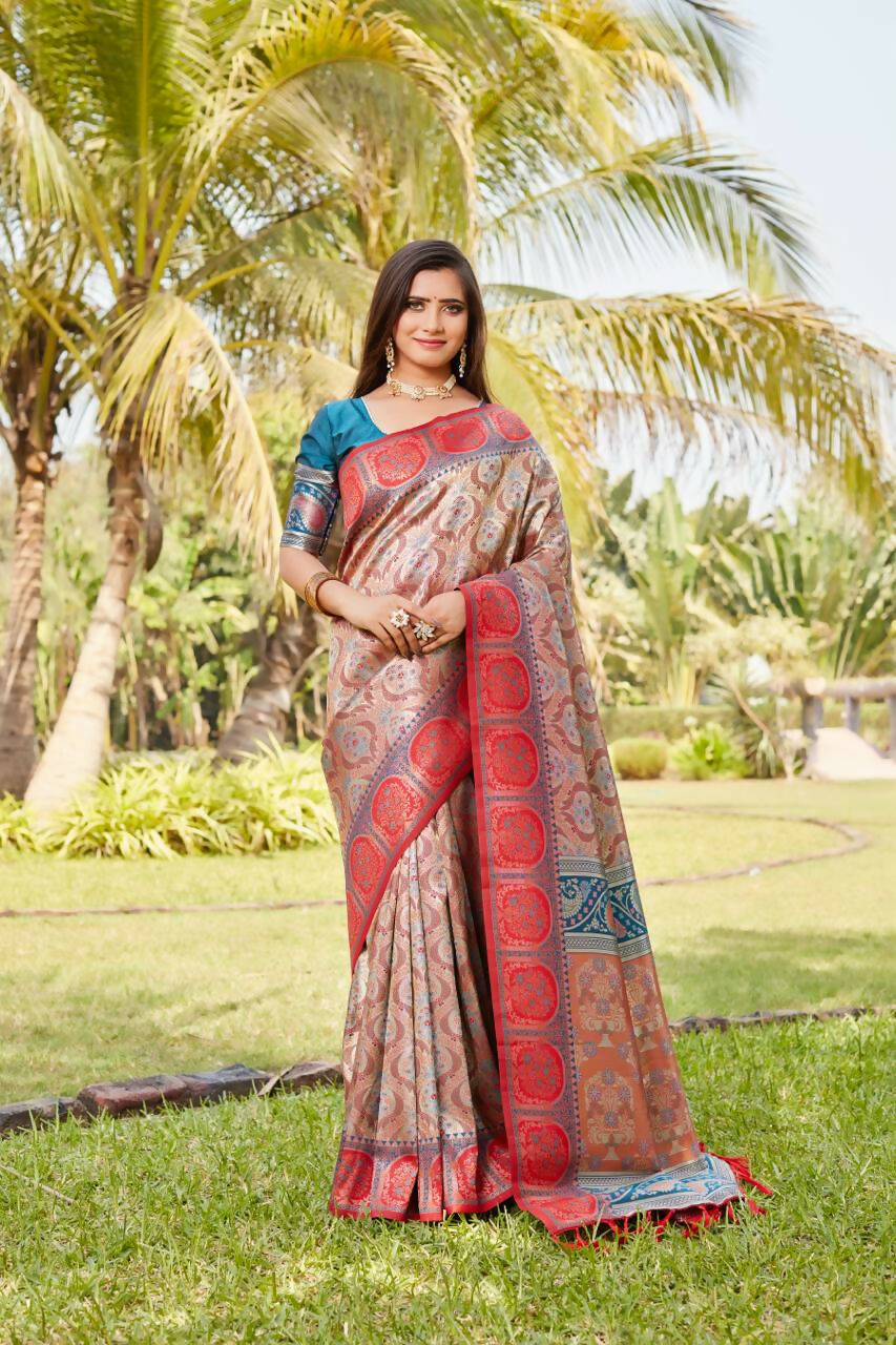 Vastranavya Boutique Collection Kanjivaram Soft Silk Saree With Unstitched Blouse - Light Orange | Grocsy