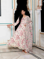 Miravan Women's Light Pink Cotton Birds And Leaf Floral Printed Anarkali Kurta And Dupatta Set | Grocsy