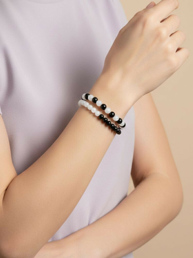 NVR Set of 2 Black & White crystal beaded Bracelet for Men & Women | Grocsy