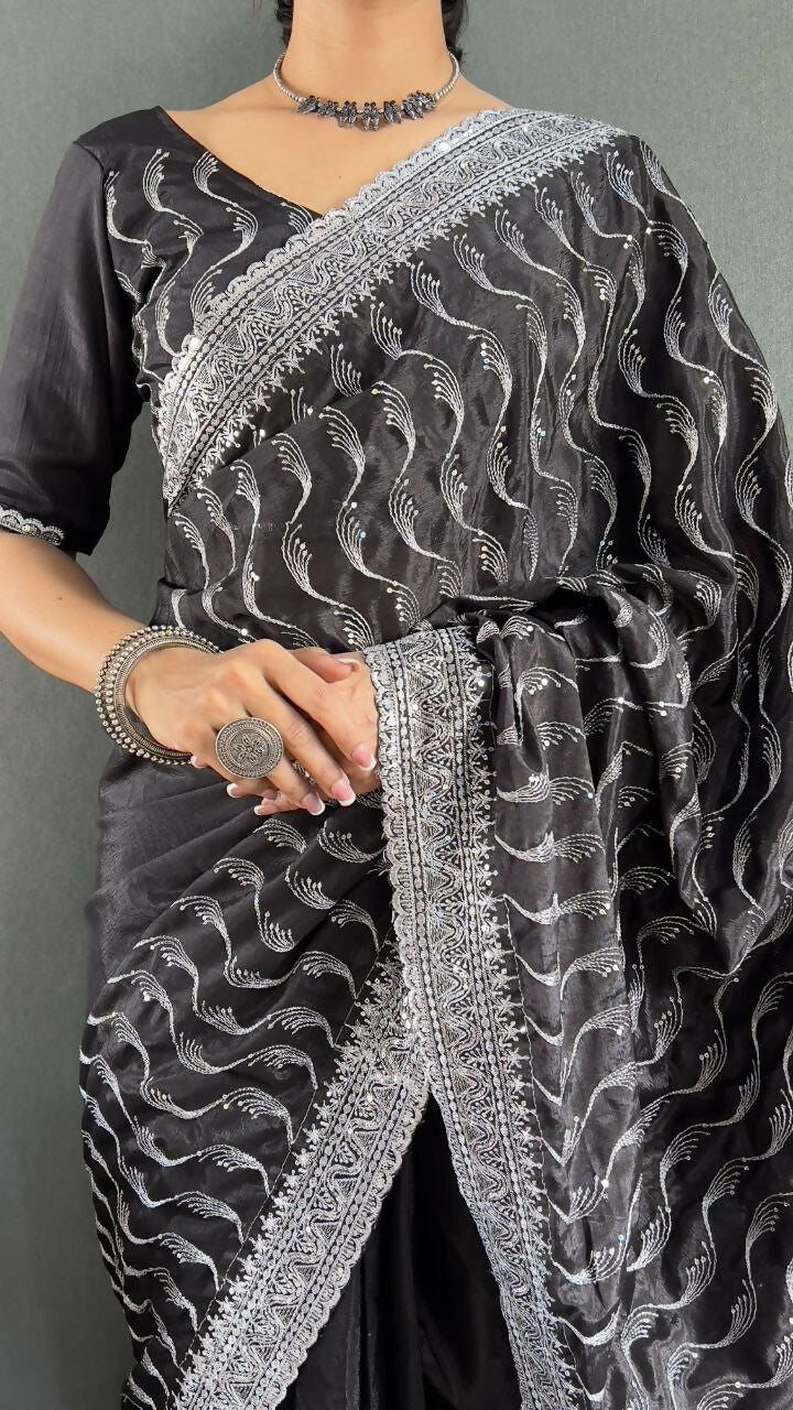 Vastranavya Black Chinnon Silk Embroidery Multi Sequence & Arco Cut Work Ready to Wear Saree | Grocsy