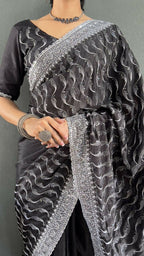Vastranavya Black Chinnon Silk Embroidery Multi Sequence & Arco Cut Work Ready to Wear Saree | Grocsy