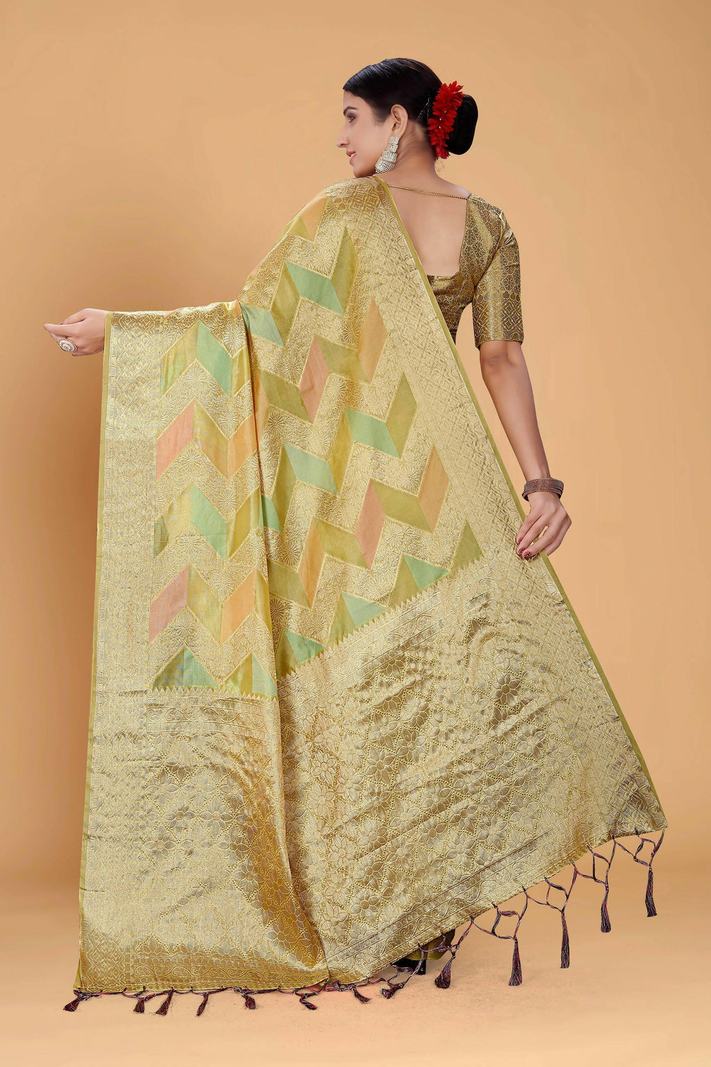 Pista Soft Organza Woven Design Saree With Unstitched Blouse Piece - Zaara | Grocsy