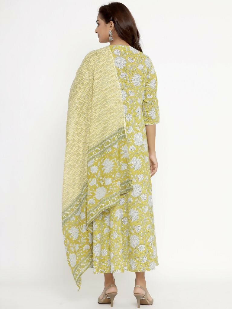 Miravan Women's Cotton Floral Print Anarkali Kurta With Dupatta | Grocsy