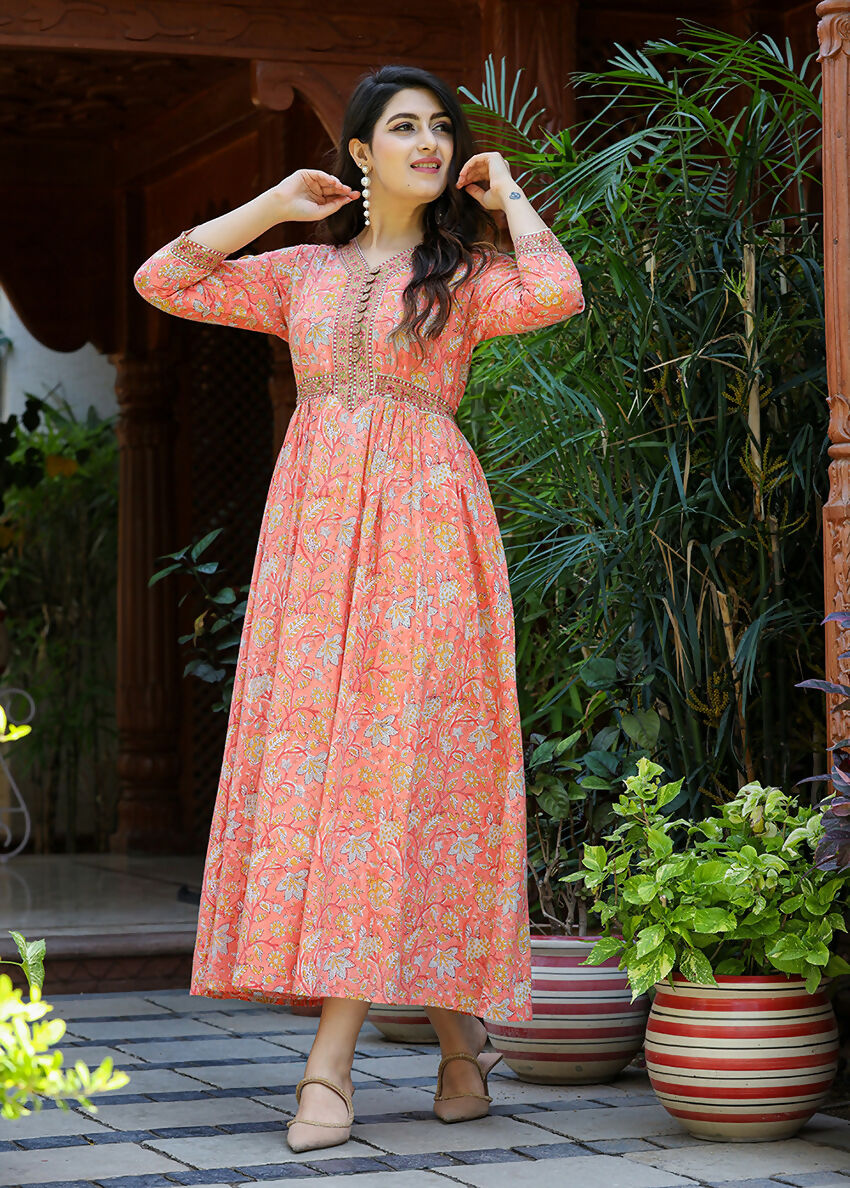 Kaajh Women's Light Orange Floral Handblock Printed Cotton Dress | Grocsy