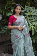 Pine Pure Linen Ethnic Motifs Saree with Unstitched Blouse - A2M | Grocsy