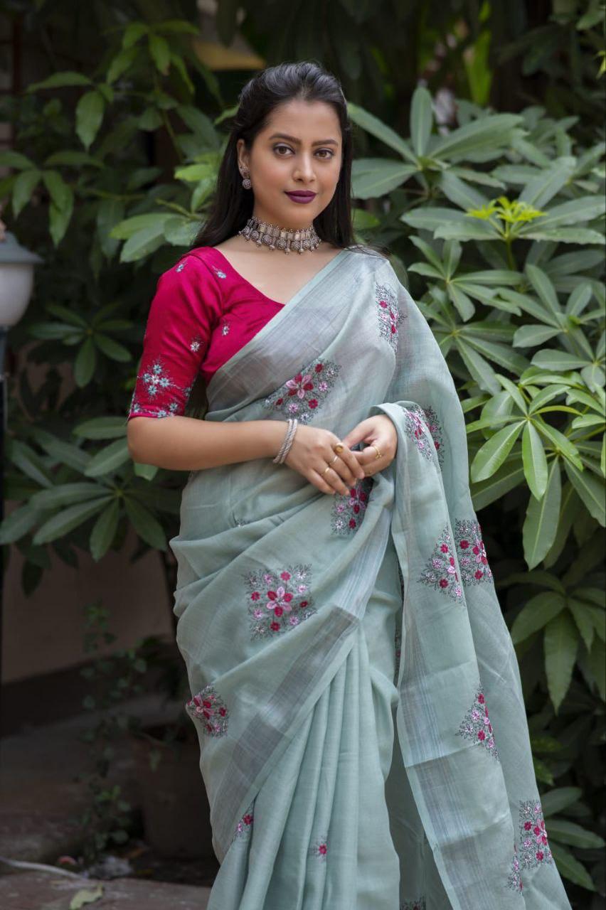 Pine Pure Linen Ethnic Motifs Saree with Unstitched Blouse - A2M | Grocsy