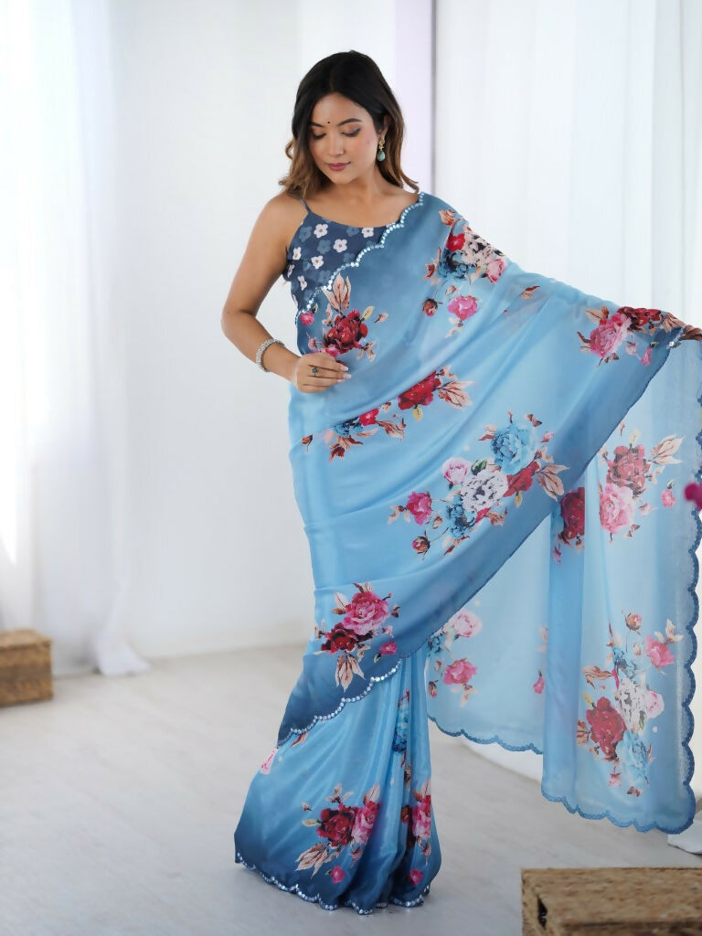 Blue Chinon Designer Digital Printed,Mirror Cut Work Saree - Elayna | Grocsy