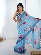 Blue Chinon Designer Digital Printed,Mirror Cut Work Saree - Elayna | Grocsy