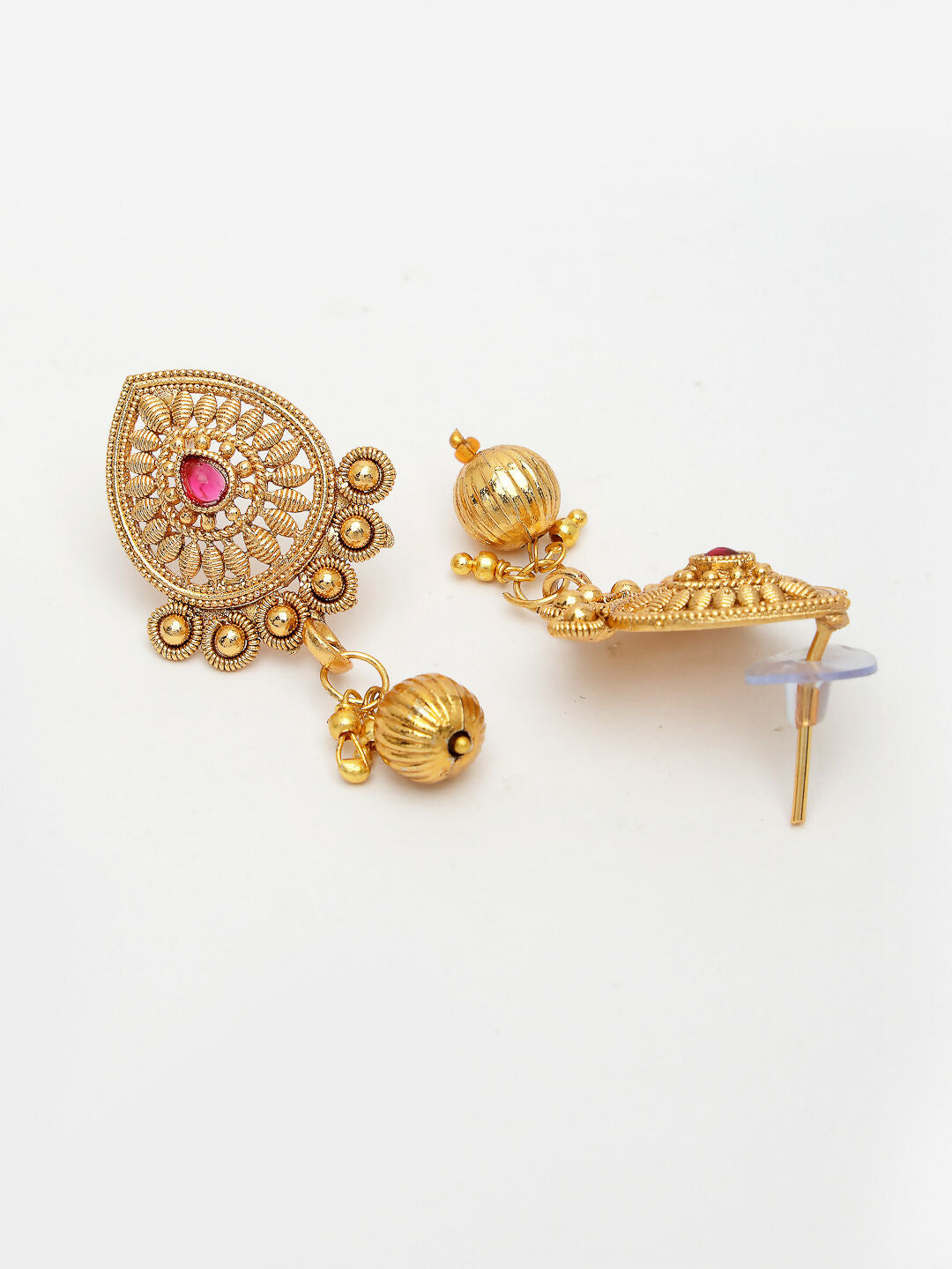 NVR Women's Set of 2 Gold-Polished Pink Stone Studded Jadau Jewellery Set | Grocsy