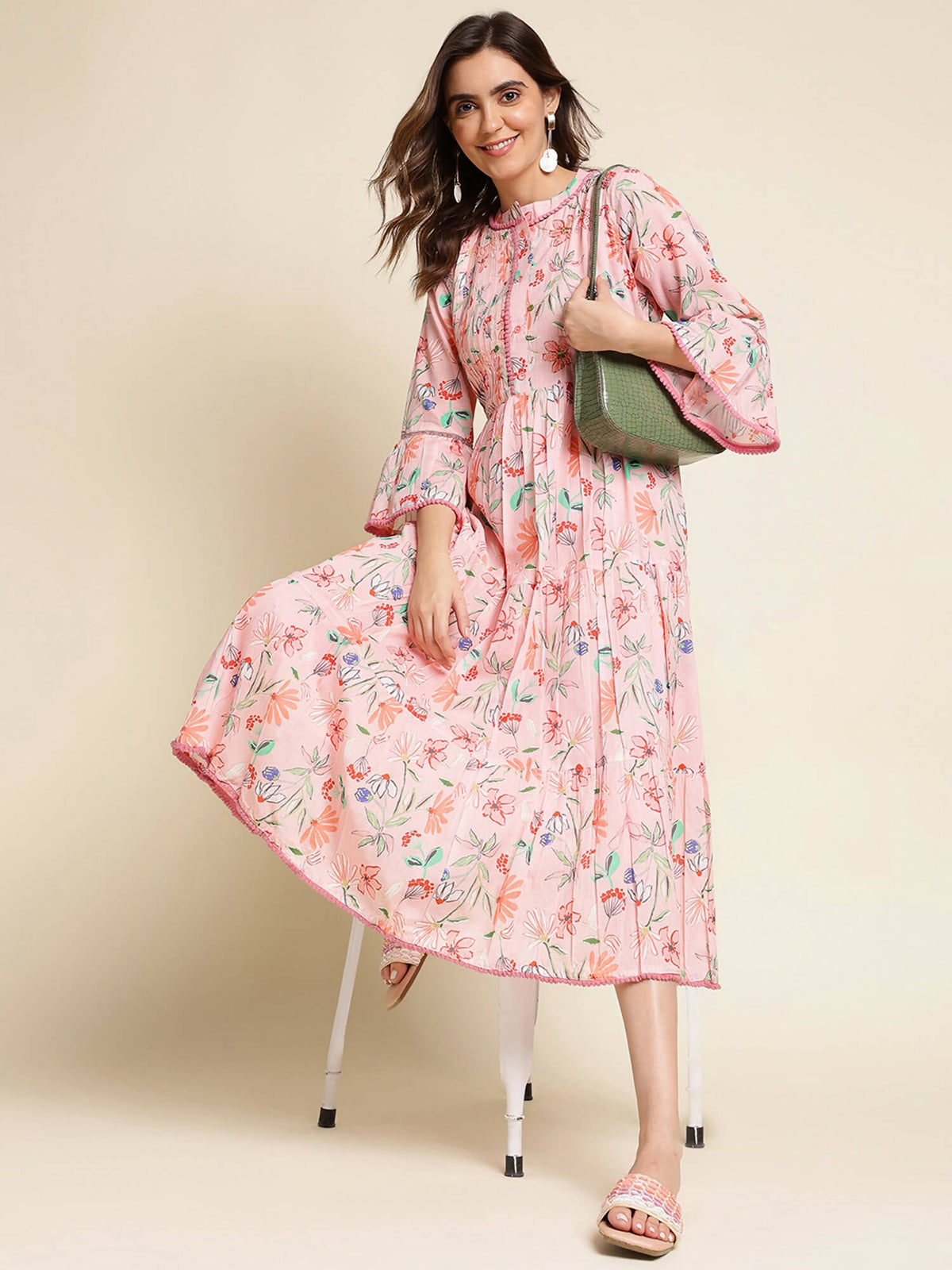 Pink Cotton Floral Printed Dress - Nandani | Grocsy