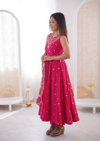 Teeya Creation Pink Color Roman Silk Embroidery Work Party Wear Gown | Grocsy