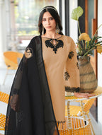 Nikhaar Light Brown Embroidered Organza Stitched Straight Cut Kurta Farshi Salwar Dupatta Readymade Suit | Grocsy