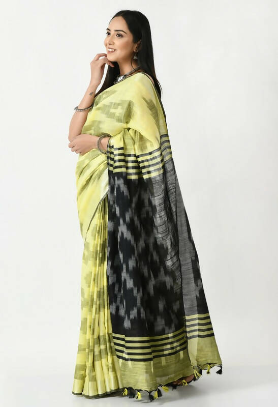 Mominos Fashion Moeza Lemon Yellow & Black Bhagalpuri Handloom Ikat Pure Cotton Saree with unstitched Blouse piece | Grocsy