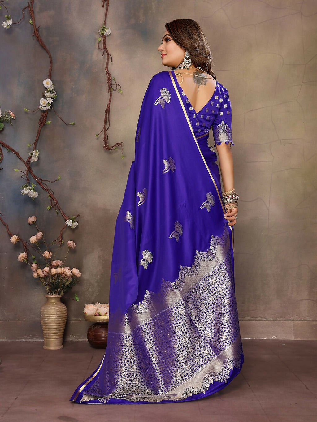 Joban Fashion Royal Blue Floral Motifs Banarasi Silk Sarees | Grocsy