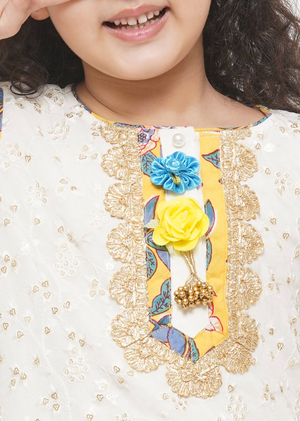 Little Bansi Girls Cotton Embroidery Kurta with Floral Sharara & Dupatta - White & Yellow | Grocsy