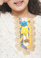 Little Bansi Girls Cotton Embroidery Kurta with Floral Sharara & Dupatta - White & Yellow | Grocsy