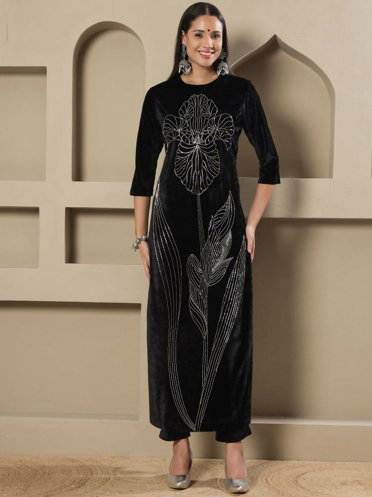 Joban Fashion Women Black Velvet Hand Embellishment Stitched Kurta Set | Grocsy