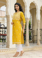 Kaajh Women's Mustard Chikhankari Embroidered Kurta Pant Set | Grocsy