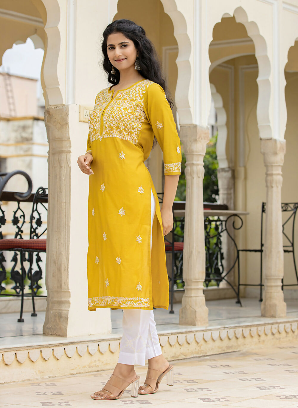 Kaajh Women's Mustard Chikhankari Embroidered Kurta Pant Set | Grocsy