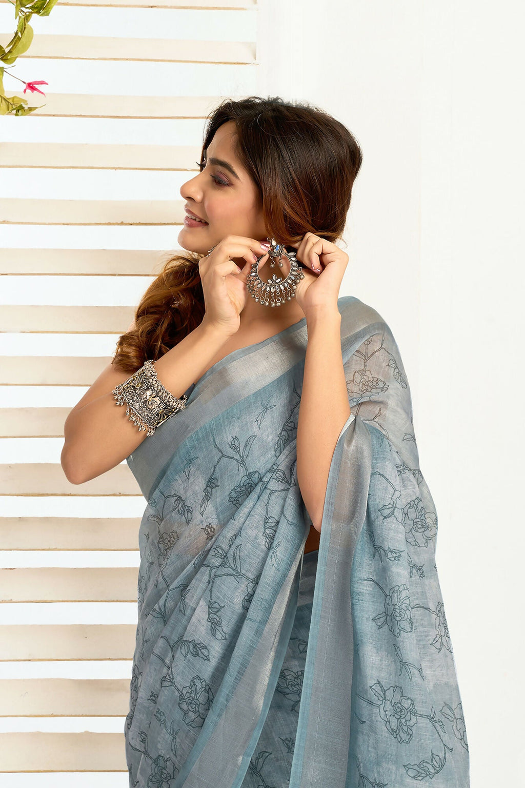 Vastranavya Sea Blue Digital Printed Linen Ready To Wear Designer Saree with Unstitched Blouse | Grocsy