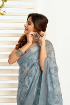 Vastranavya Sea Blue Digital Printed Linen Ready To Wear Designer Saree with Unstitched Blouse | Grocsy