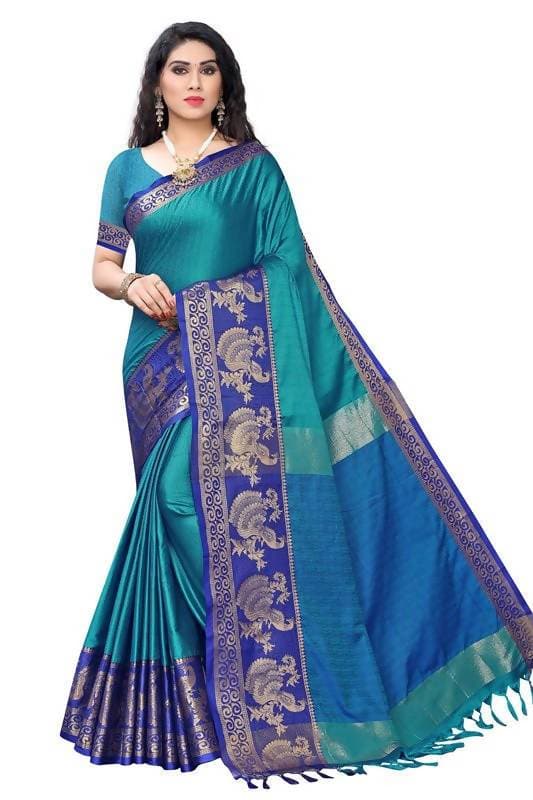 Vamika Banarasi Jacquard Weaving Blue Saree (DHONI BLUE) | Grocsy