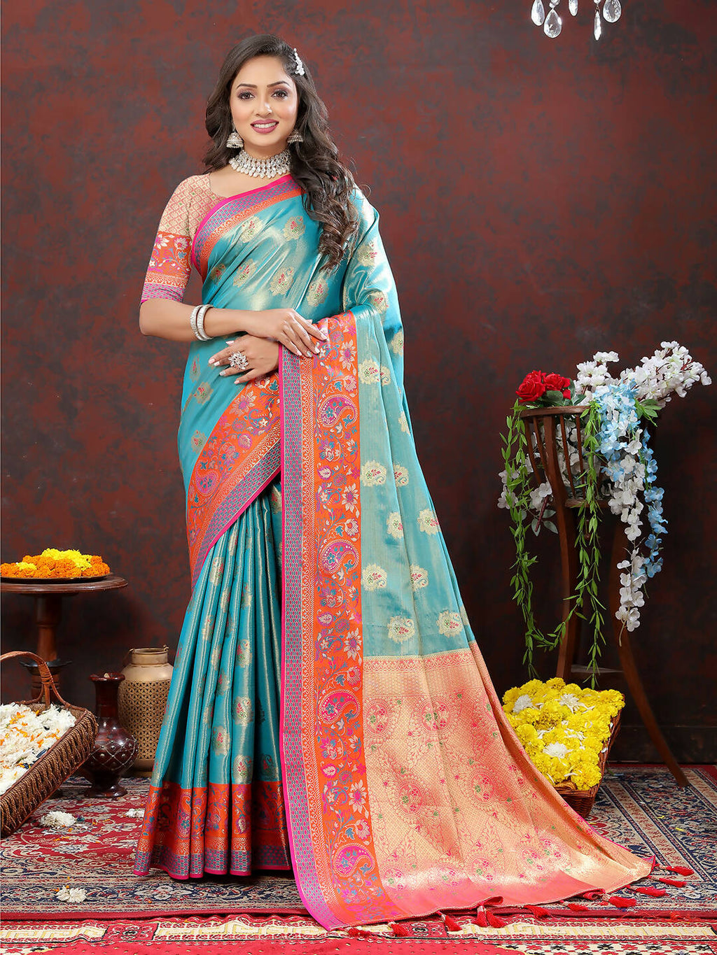 Lorenvalley Fashion Skyblue Kanjivaram Silk Woven Design with Zari Weaving Saree | Grocsy