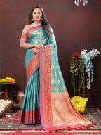Lorenvalley Fashion Skyblue Kanjivaram Silk Woven Design with Zari Weaving Saree | Grocsy