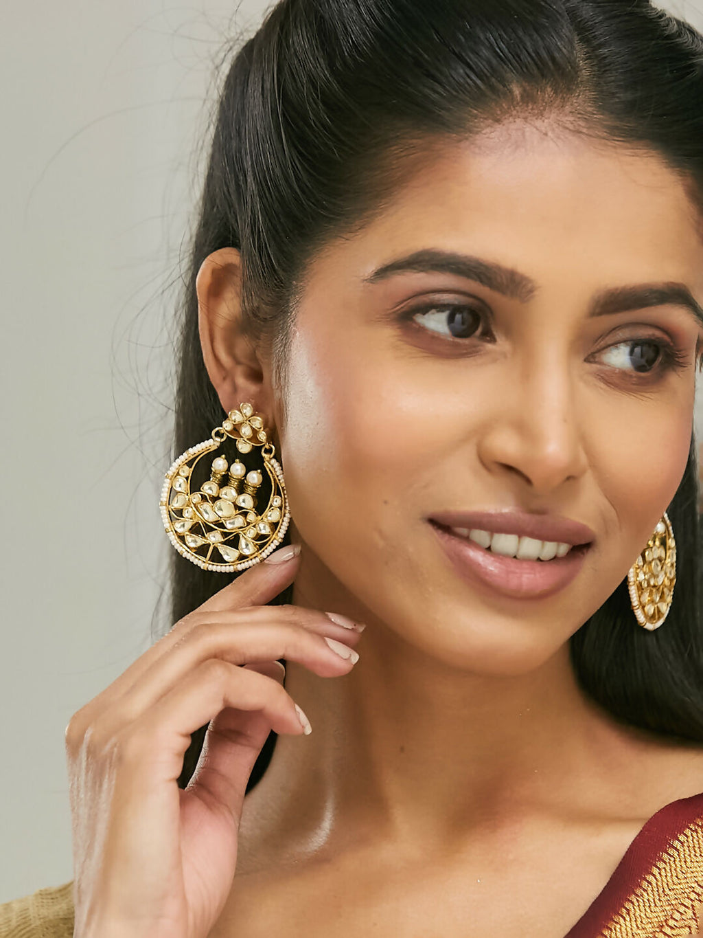 Nuyug 22K Gold-Plated Elegant Kundan Stone Studded & Pearl Beaded Chandbalis | Grocsy