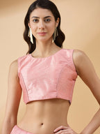 Peach Chiffon Solid Saree with Stitched Blouse & Stone Work Shrug - Dharavi | Grocsy