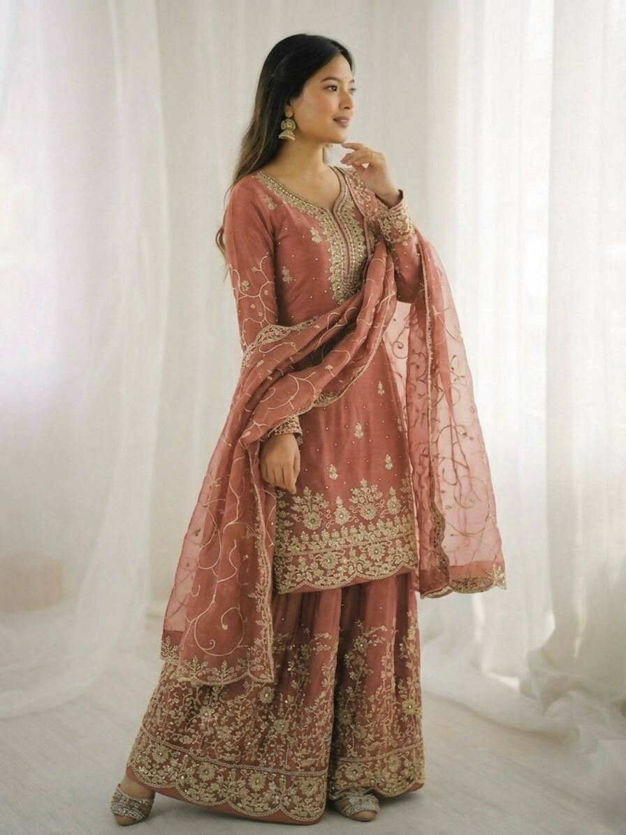 Teeya Creation Peach Color Gymmi Silk Embroidery Work Wedding Wear Sharara Set | Grocsy