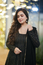 Aayaa Designer Embroidery Zari Sequins Work Faux Blooming Georgette Suit - Black | Grocsy