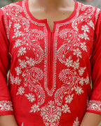 Kaajh Women's Red Chikhankari Embroidered Kurta Pant Set | Grocsy