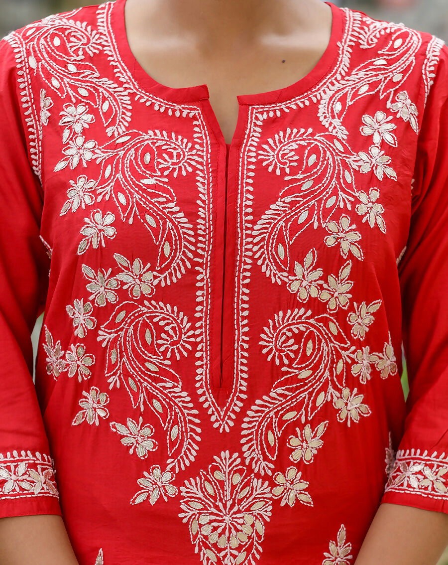 Kaajh Women's Red Chikhankari Embroidered Kurta Pant Set | Grocsy