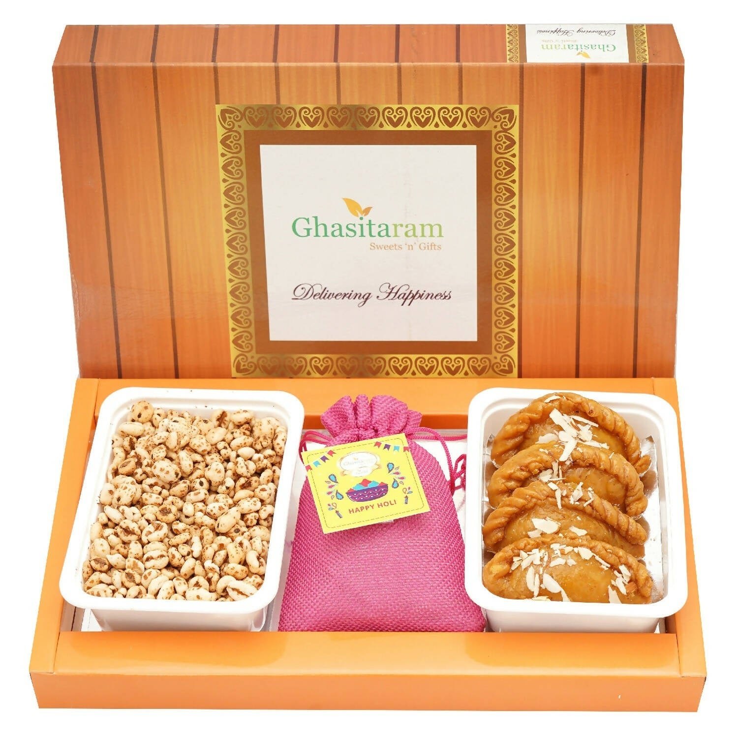 Ghasitaram Assorted Box of Sugarfree Gujiyas, Wheat Puffs and Thandai | Grocsy