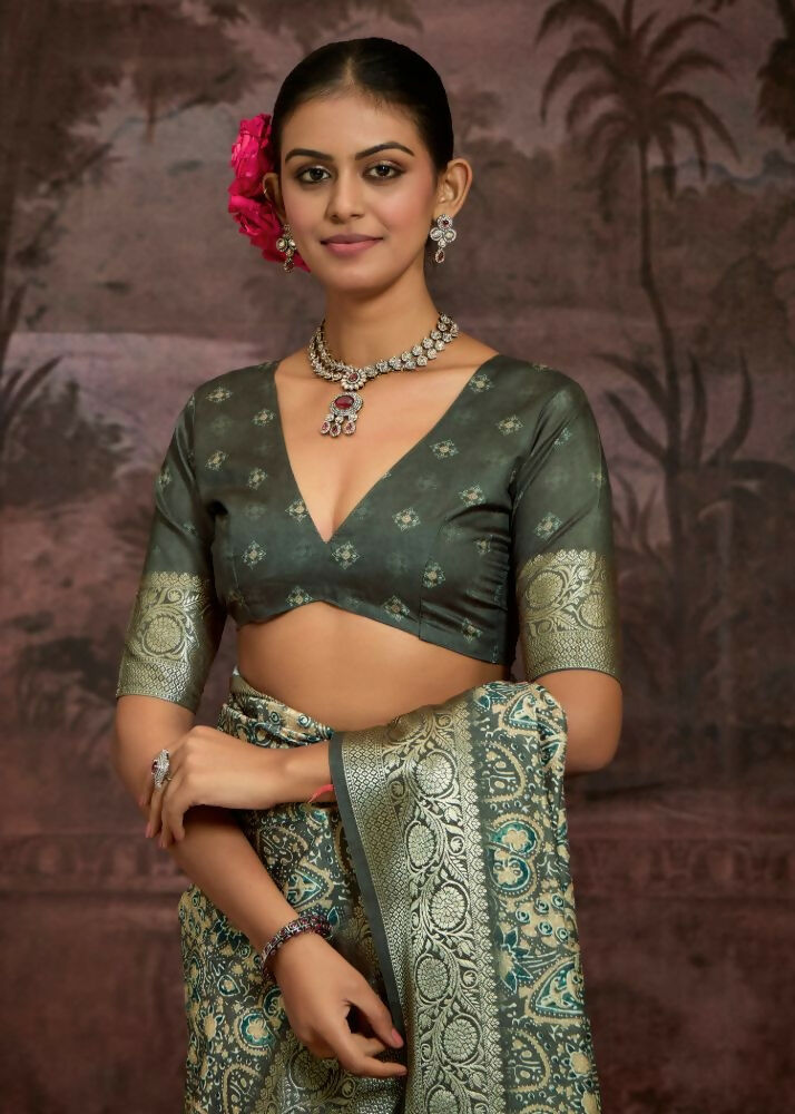Joban Fashion Mehendi Green Dola Tussar Silk Self Jacquard Border Saree | Grocsy