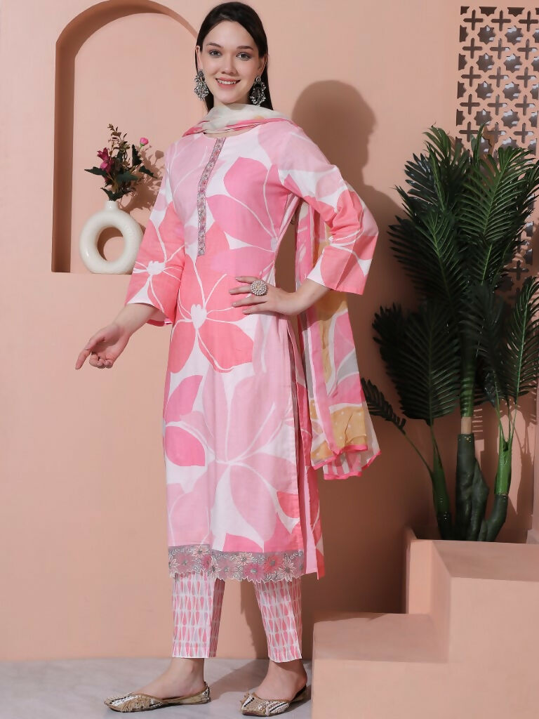 Jyoti Fashion Women's Pink Cotton Floral Digital Print & Floral Embroidered Cutwork Border Sequins Work Kurta with Trouser & Dupatta | Grocsy