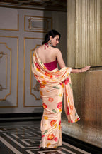 Vastranavya Cream Satin Silk Printed Saree with Hotfix Work Unstitched Blouse | Grocsy