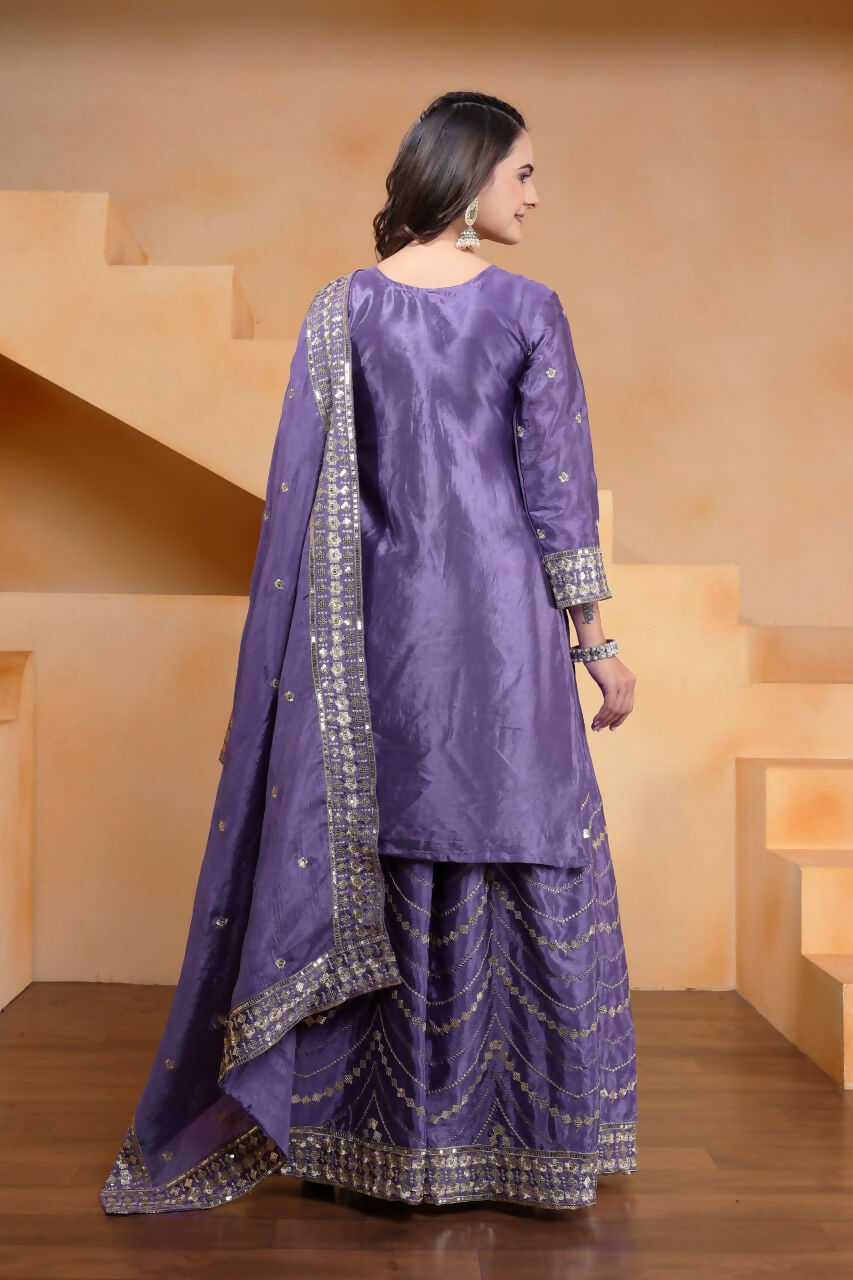 Teeya Creation Lavender Color Chinon Silk Wedding Wear Trending Palazzo Set | Grocsy
