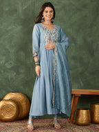 The52 Women's Beautiful Embroidery Work Silk Fabric Flared Kurta Pant and Dupatta Set | Grocsy