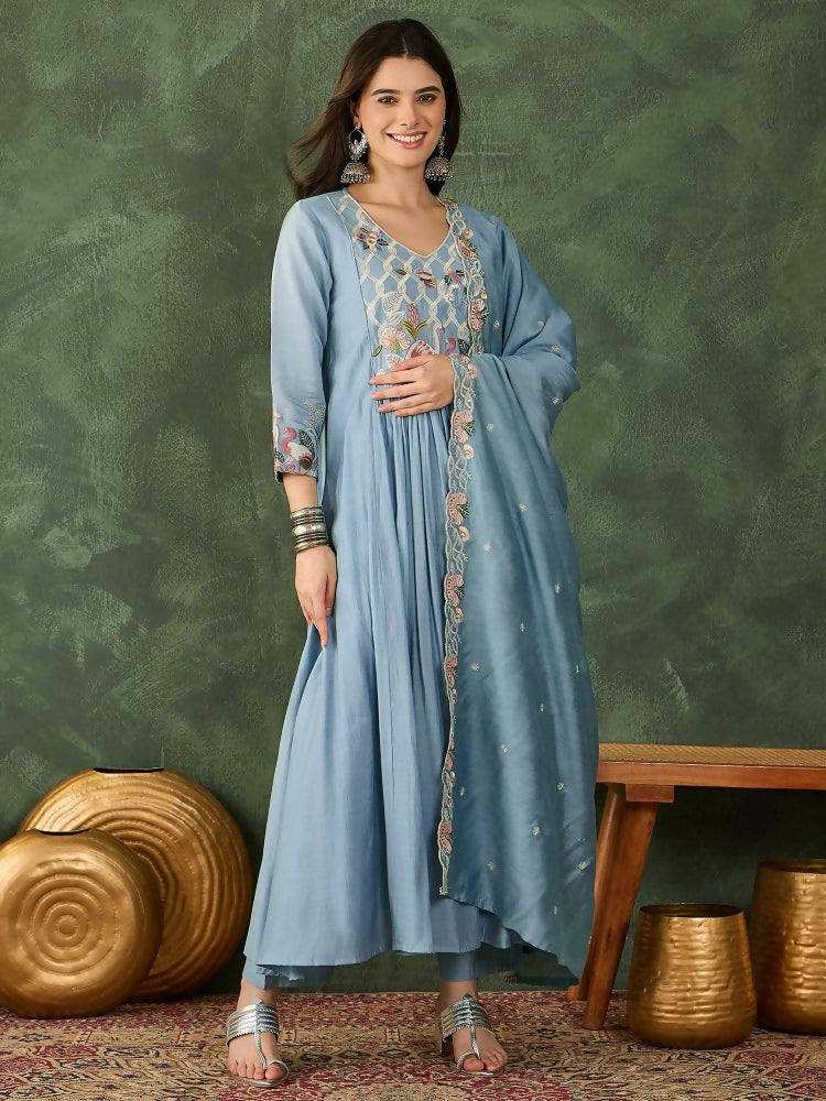 The52 Women's Beautiful Embroidery Work Silk Fabric Flared Kurta Pant and Dupatta Set | Grocsy
