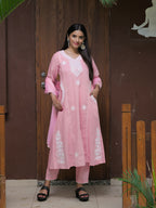 The52 Women's Beautiful Thread Work Cotton satin Fabric Flared Kurta Pant and Dupatta Set | Grocsy