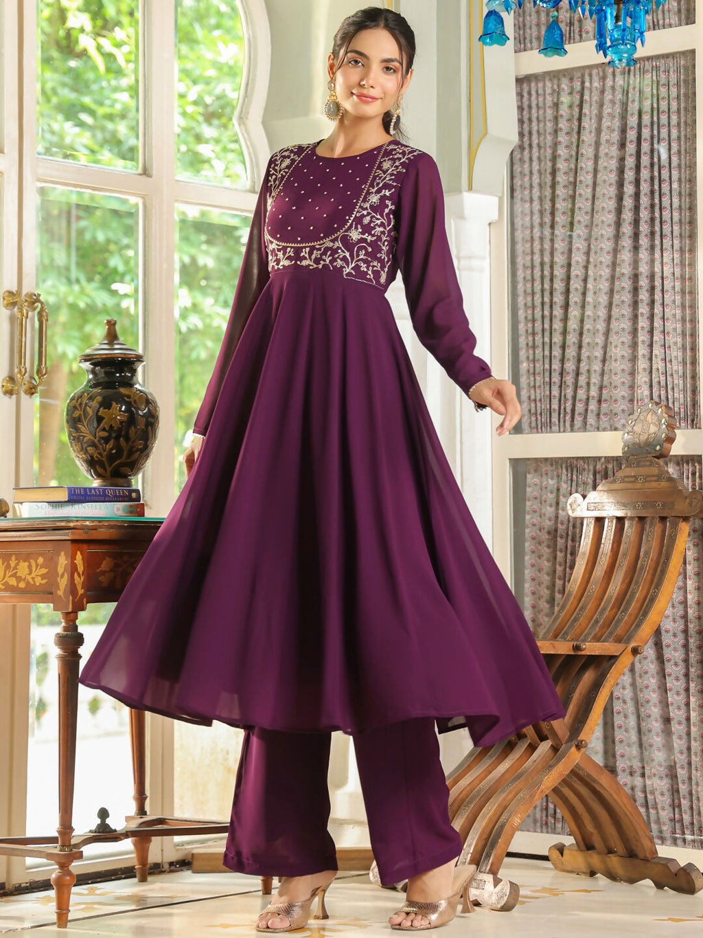 Janasya Purple Georgette Embroidered Kurta,Bottom & Dupatta | Grocsy