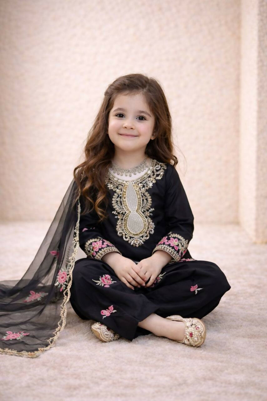 Teeya Creation New Kids Trendy Wedding Wear Traditional Kurta Salwar Set-Black | Grocsy